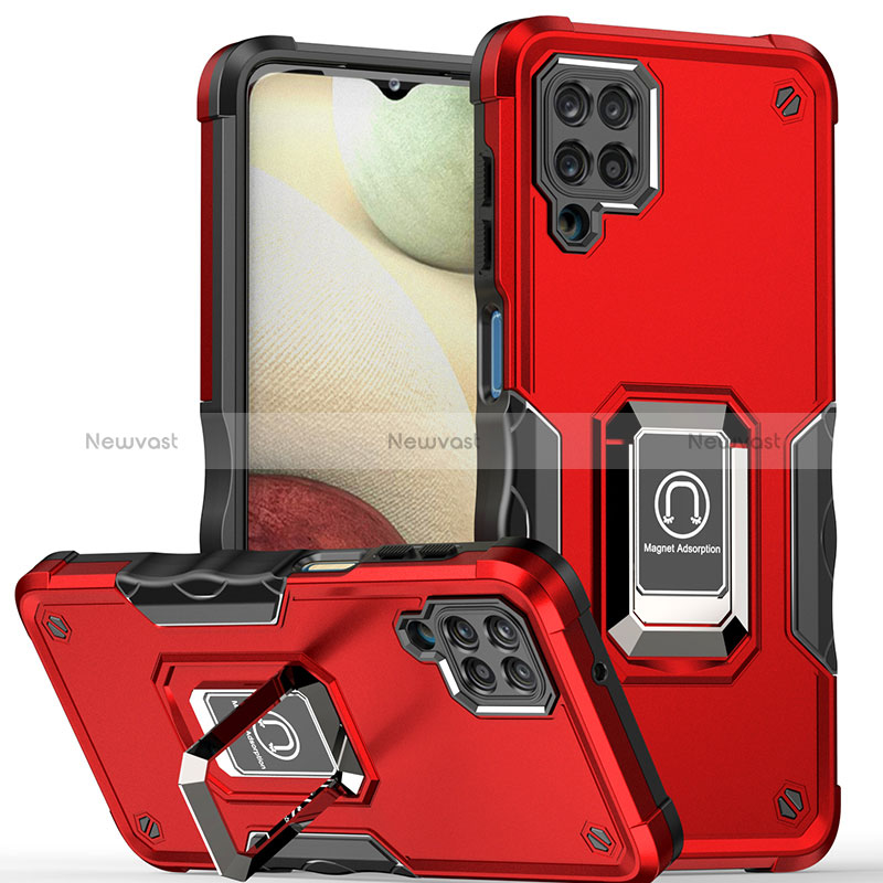 Silicone Matte Finish and Plastic Back Cover Case with Magnetic Finger Ring Stand QW1 for Samsung Galaxy A12 Nacho Red
