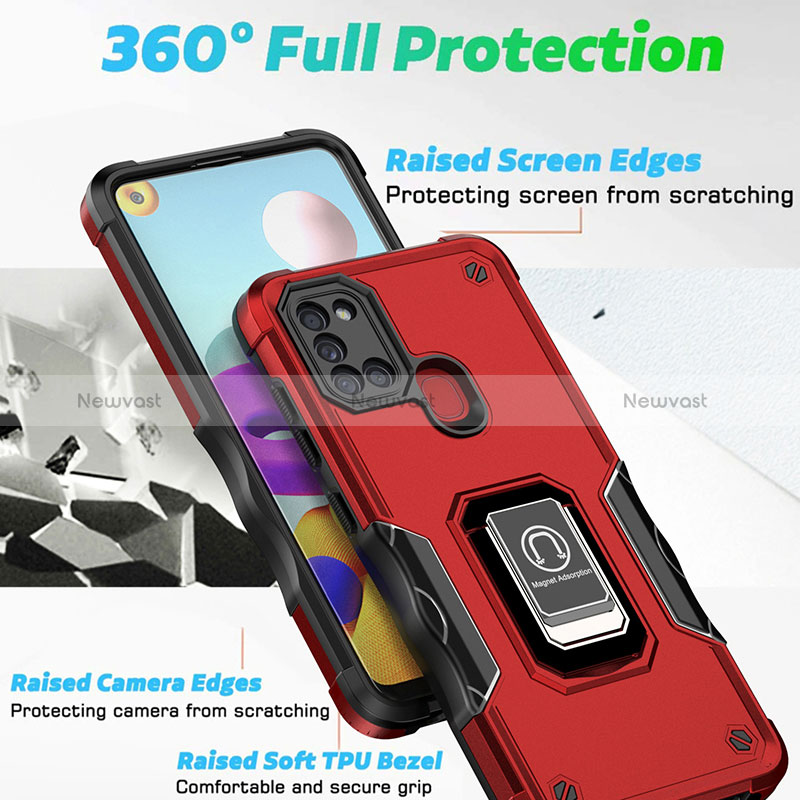 Silicone Matte Finish and Plastic Back Cover Case with Magnetic Finger Ring Stand QW1 for Samsung Galaxy A21s