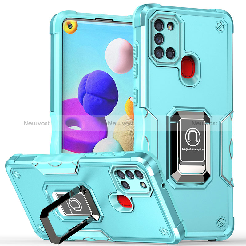 Silicone Matte Finish and Plastic Back Cover Case with Magnetic Finger Ring Stand QW1 for Samsung Galaxy A21s