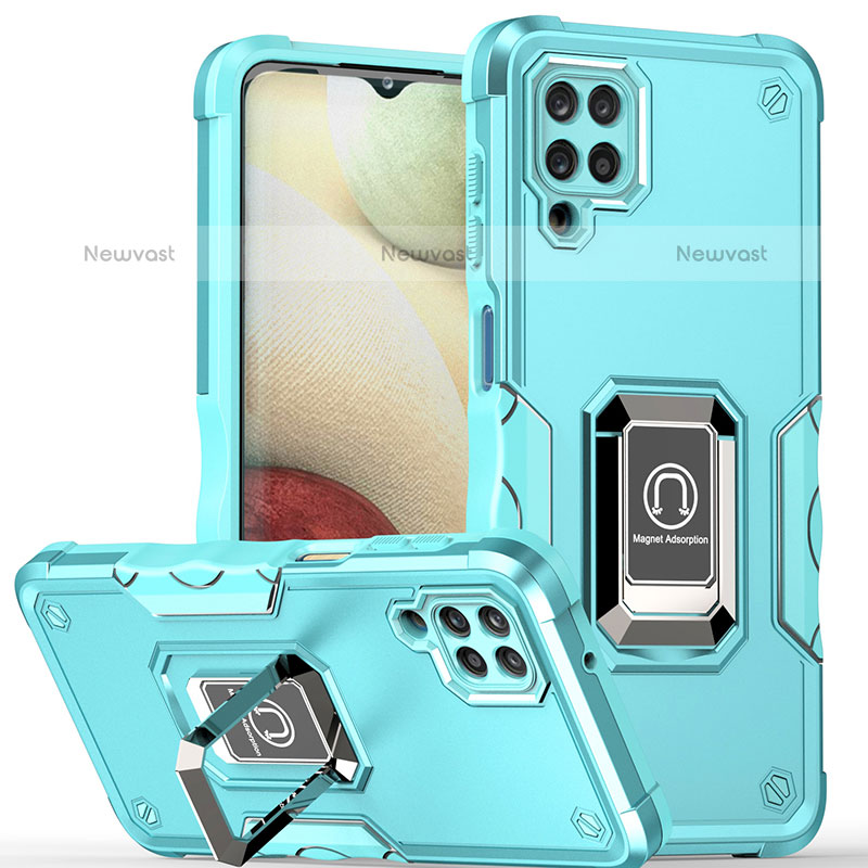 Silicone Matte Finish and Plastic Back Cover Case with Magnetic Finger Ring Stand QW1 for Samsung Galaxy F12 Mint Blue