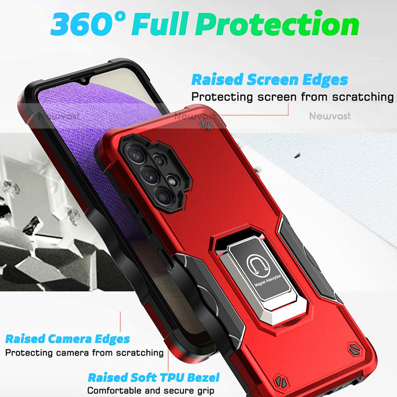 Silicone Matte Finish and Plastic Back Cover Case with Magnetic Finger Ring Stand QW1 for Samsung Galaxy M32 5G