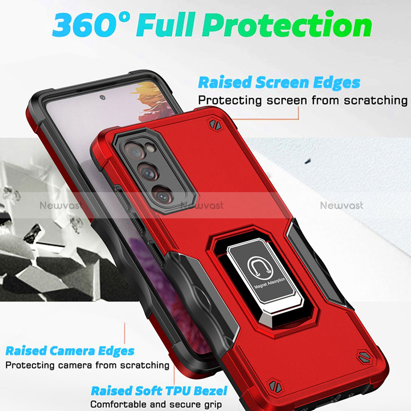 Silicone Matte Finish and Plastic Back Cover Case with Magnetic Finger Ring Stand QW1 for Samsung Galaxy S20 FE 5G
