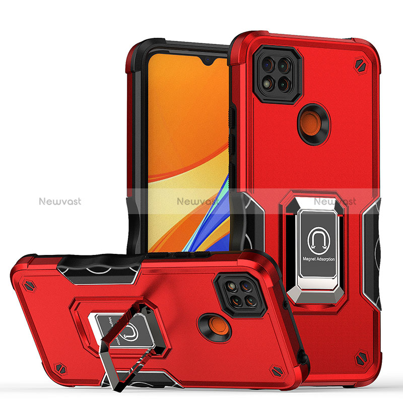 Silicone Matte Finish and Plastic Back Cover Case with Magnetic Finger Ring Stand QW1 for Xiaomi Redmi 9 India