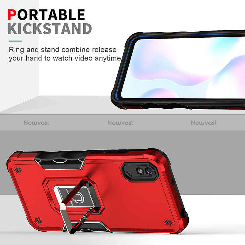 Silicone Matte Finish and Plastic Back Cover Case with Magnetic Finger Ring Stand QW1 for Xiaomi Redmi 9A