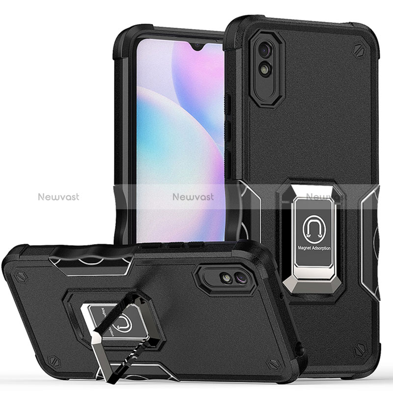 Silicone Matte Finish and Plastic Back Cover Case with Magnetic Finger Ring Stand QW1 for Xiaomi Redmi 9A