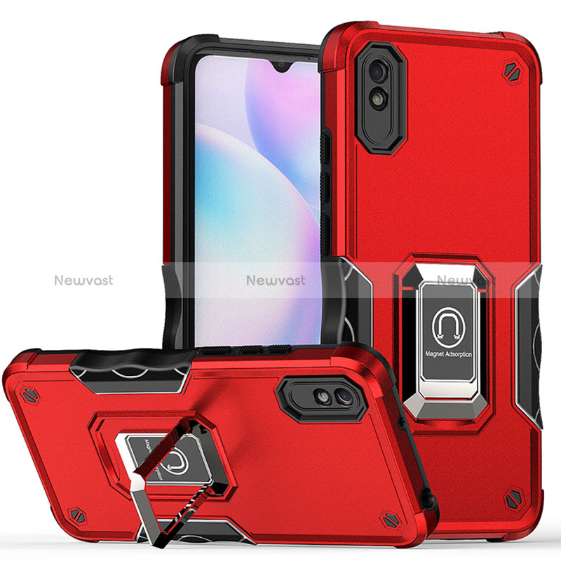 Silicone Matte Finish and Plastic Back Cover Case with Magnetic Finger Ring Stand QW1 for Xiaomi Redmi 9AT