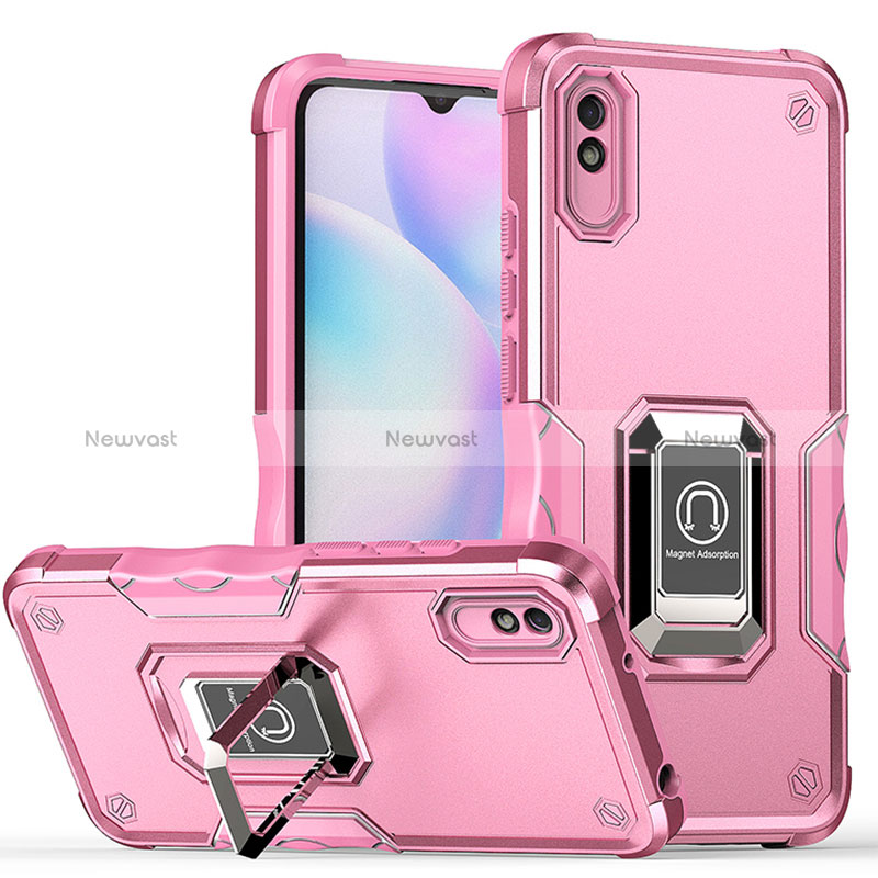 Silicone Matte Finish and Plastic Back Cover Case with Magnetic Finger Ring Stand QW1 for Xiaomi Redmi 9AT Hot Pink