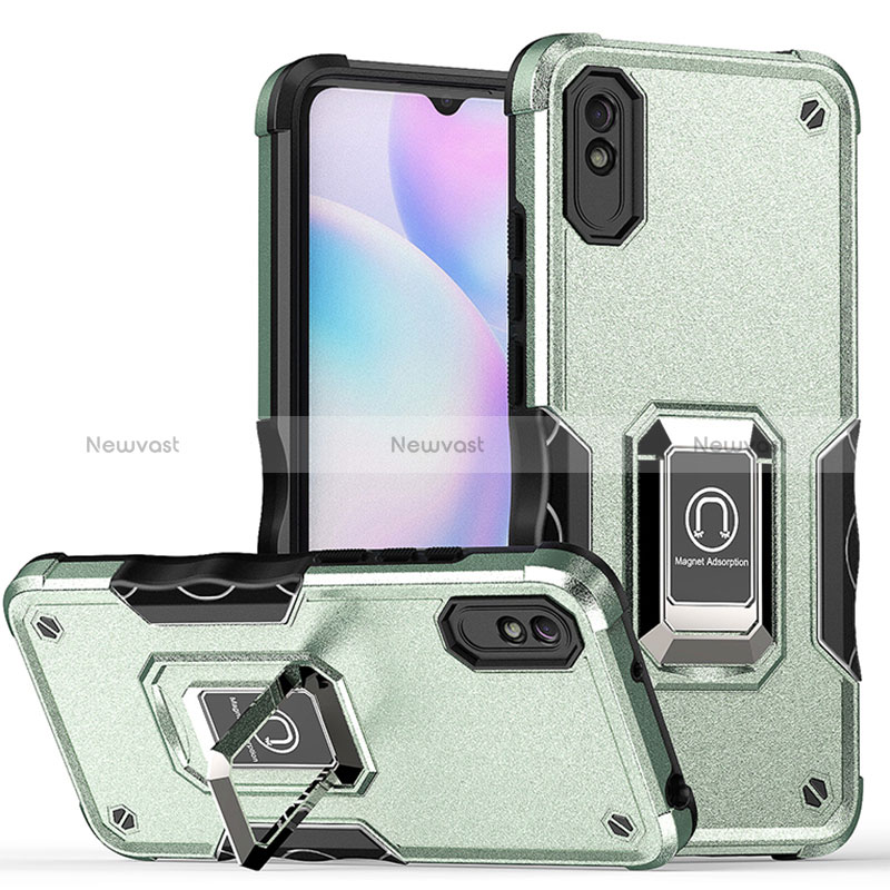 Silicone Matte Finish and Plastic Back Cover Case with Magnetic Finger Ring Stand QW1 for Xiaomi Redmi 9AT Matcha Green