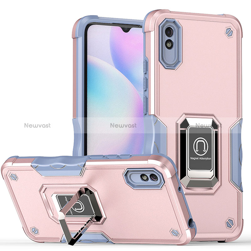 Silicone Matte Finish and Plastic Back Cover Case with Magnetic Finger Ring Stand QW1 for Xiaomi Redmi 9AT Pink