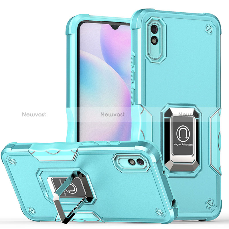 Silicone Matte Finish and Plastic Back Cover Case with Magnetic Finger Ring Stand QW1 for Xiaomi Redmi 9AT Sky Blue