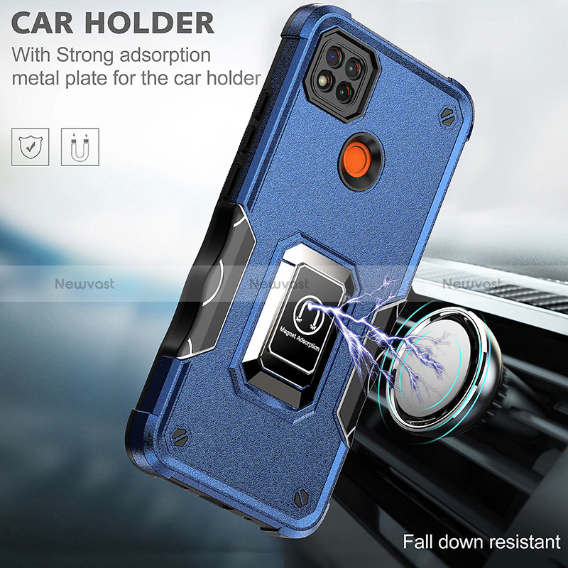 Silicone Matte Finish and Plastic Back Cover Case with Magnetic Finger Ring Stand QW1 for Xiaomi Redmi 9C NFC