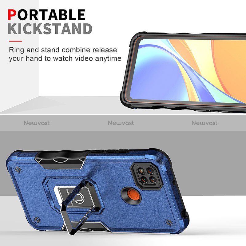 Silicone Matte Finish and Plastic Back Cover Case with Magnetic Finger Ring Stand QW1 for Xiaomi Redmi 9C NFC