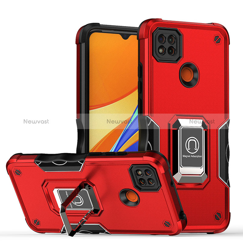 Silicone Matte Finish and Plastic Back Cover Case with Magnetic Finger Ring Stand QW1 for Xiaomi Redmi 9C NFC