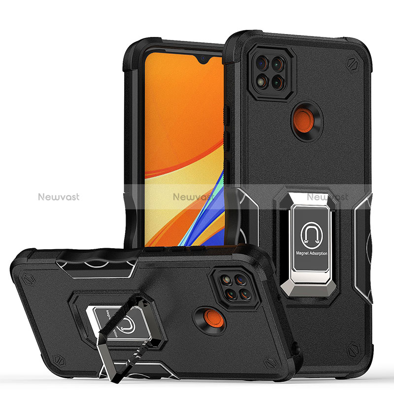 Silicone Matte Finish and Plastic Back Cover Case with Magnetic Finger Ring Stand QW1 for Xiaomi Redmi 9C NFC