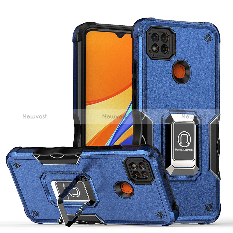 Silicone Matte Finish and Plastic Back Cover Case with Magnetic Finger Ring Stand QW1 for Xiaomi Redmi 9C NFC Blue
