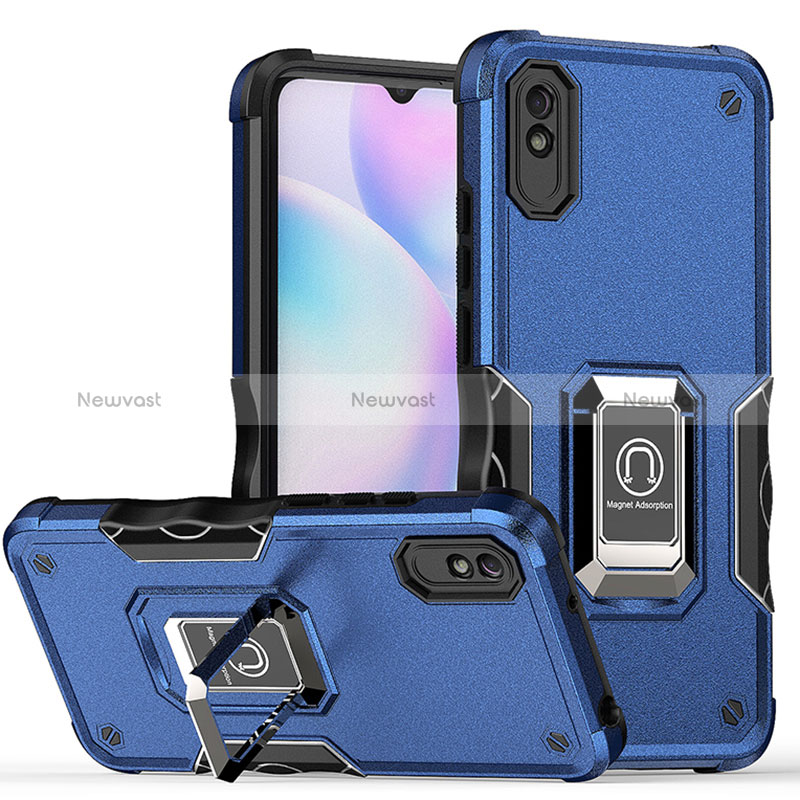 Silicone Matte Finish and Plastic Back Cover Case with Magnetic Finger Ring Stand QW1 for Xiaomi Redmi 9i