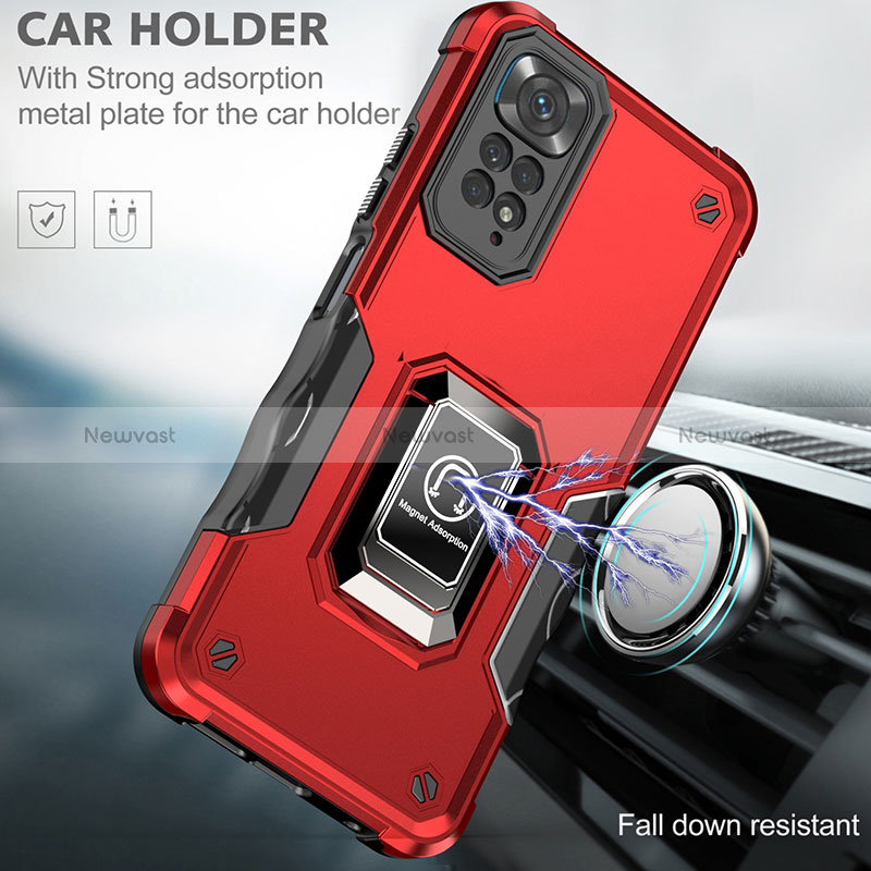 Silicone Matte Finish and Plastic Back Cover Case with Magnetic Finger Ring Stand QW1 for Xiaomi Redmi Note 11 Pro 4G