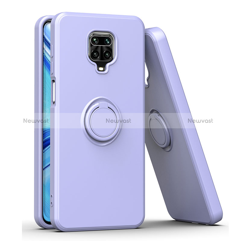 Silicone Matte Finish and Plastic Back Cover Case with Magnetic Finger Ring Stand QW1 for Xiaomi Redmi Note 9 Pro