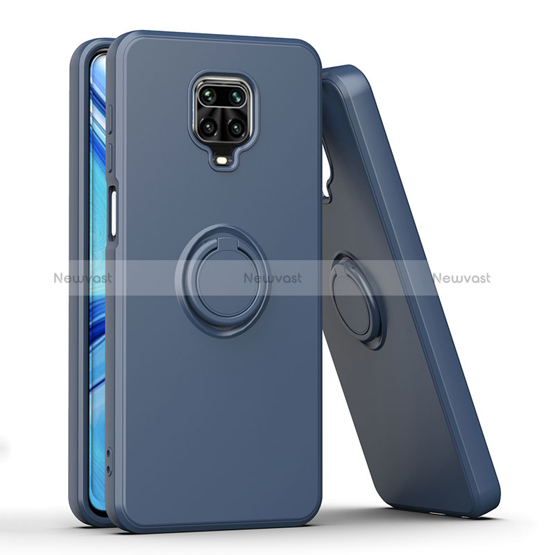 Silicone Matte Finish and Plastic Back Cover Case with Magnetic Finger Ring Stand QW1 for Xiaomi Redmi Note 9 Pro Blue