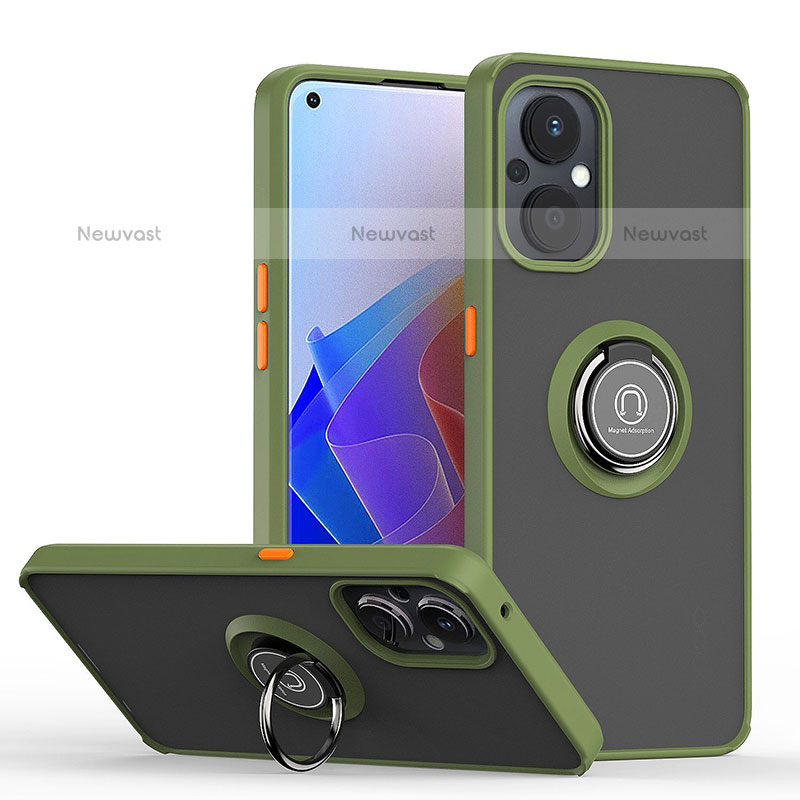 Silicone Matte Finish and Plastic Back Cover Case with Magnetic Finger Ring Stand QW2 for OnePlus Nord N20 5G Army green