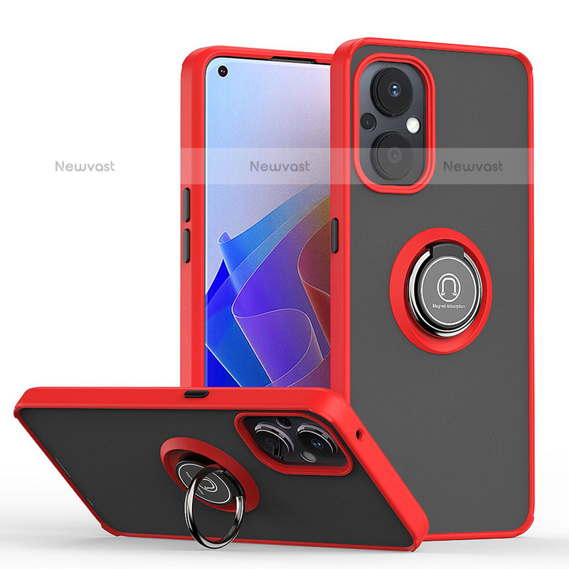 Silicone Matte Finish and Plastic Back Cover Case with Magnetic Finger Ring Stand QW2 for OnePlus Nord N20 5G Red