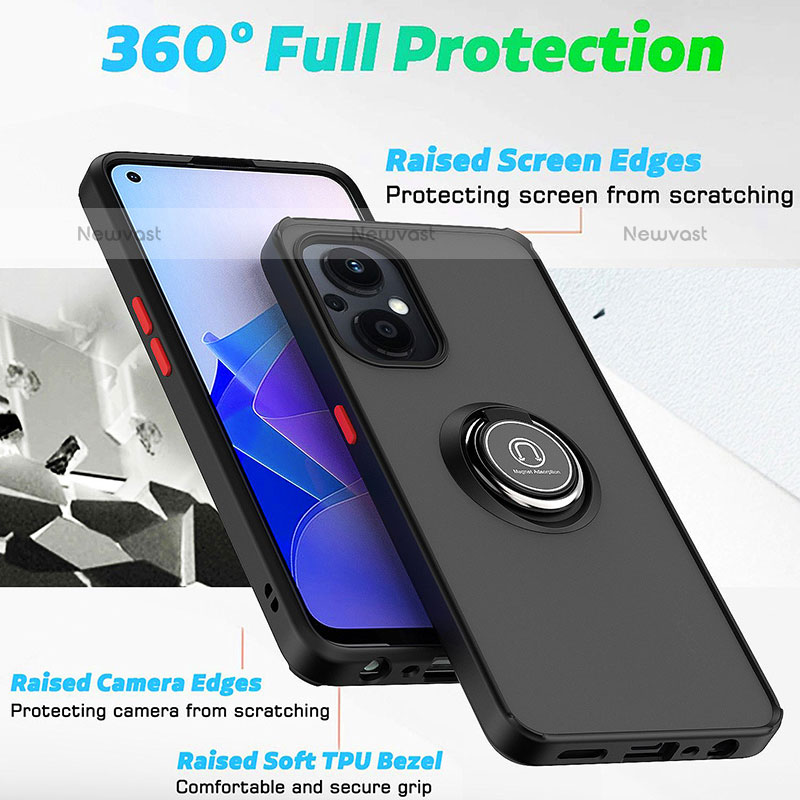 Silicone Matte Finish and Plastic Back Cover Case with Magnetic Finger Ring Stand QW2 for Oppo F21s Pro 5G