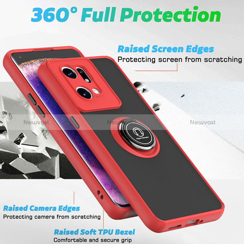 Silicone Matte Finish and Plastic Back Cover Case with Magnetic Finger Ring Stand QW2 for Oppo Find X5 5G