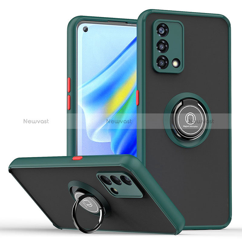 Silicone Matte Finish and Plastic Back Cover Case with Magnetic Finger Ring Stand QW2 for Oppo Reno7 4G Midnight Green