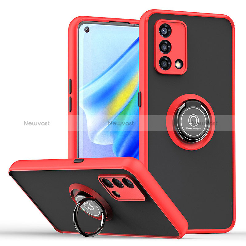 Silicone Matte Finish and Plastic Back Cover Case with Magnetic Finger Ring Stand QW2 for Oppo Reno7 4G Red