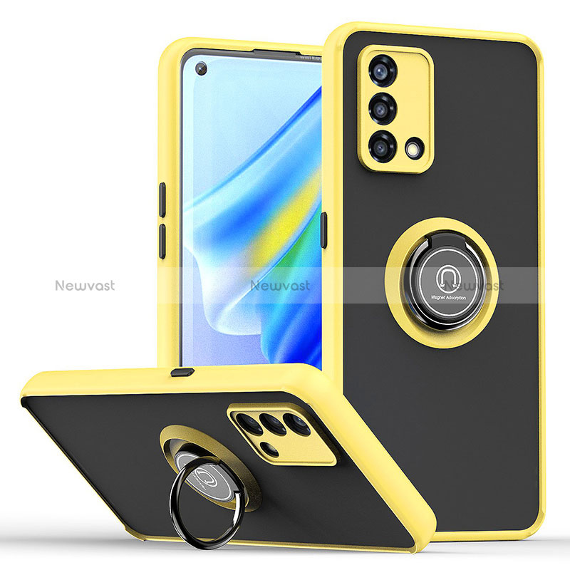 Silicone Matte Finish and Plastic Back Cover Case with Magnetic Finger Ring Stand QW2 for Oppo Reno7 4G Yellow