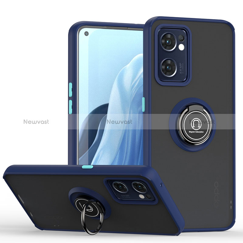 Silicone Matte Finish and Plastic Back Cover Case with Magnetic Finger Ring Stand QW2 for Oppo Reno7 5G Blue