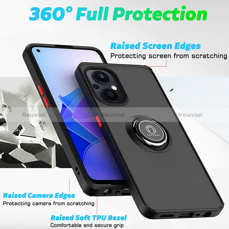 Silicone Matte Finish and Plastic Back Cover Case with Magnetic Finger Ring Stand QW2 for Oppo Reno7 Lite 5G