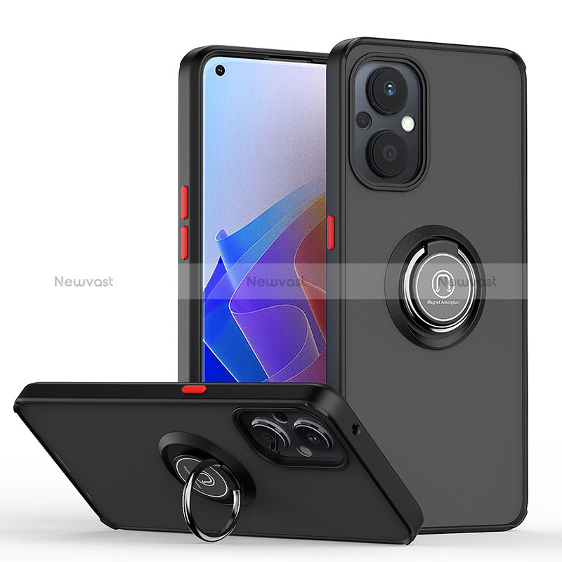 Silicone Matte Finish and Plastic Back Cover Case with Magnetic Finger Ring Stand QW2 for Oppo Reno7 Lite 5G