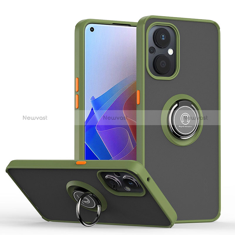 Silicone Matte Finish and Plastic Back Cover Case with Magnetic Finger Ring Stand QW2 for Oppo Reno7 Lite 5G Army green
