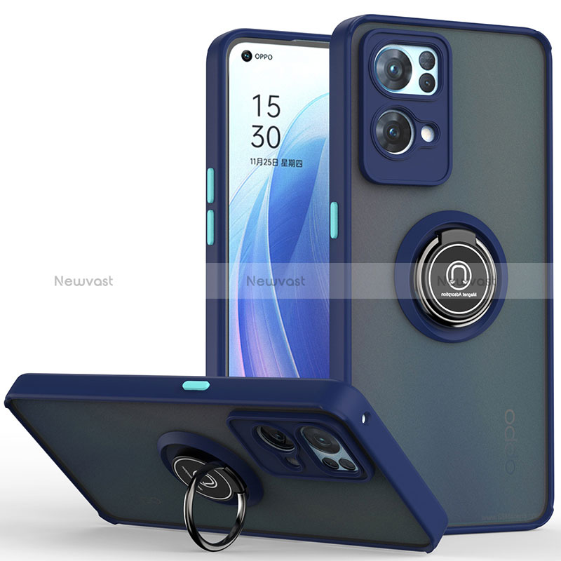 Silicone Matte Finish and Plastic Back Cover Case with Magnetic Finger Ring Stand QW2 for Oppo Reno7 Pro 5G