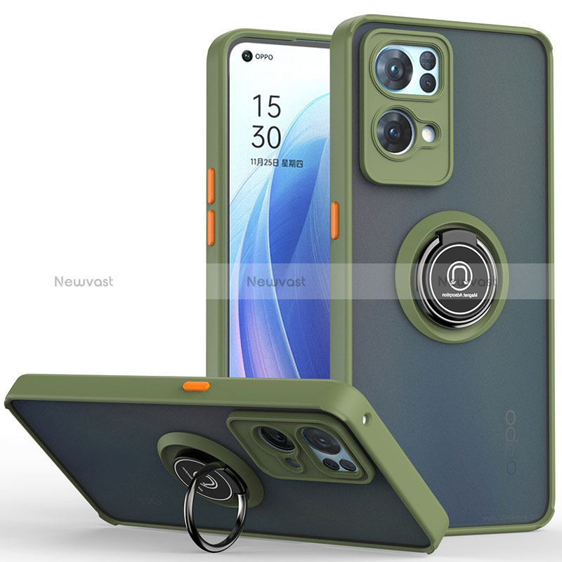 Silicone Matte Finish and Plastic Back Cover Case with Magnetic Finger Ring Stand QW2 for Oppo Reno7 Pro 5G Army green
