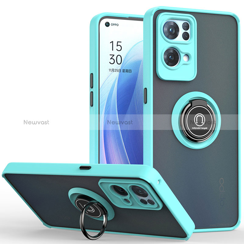 Silicone Matte Finish and Plastic Back Cover Case with Magnetic Finger Ring Stand QW2 for Oppo Reno7 Pro 5G Cyan