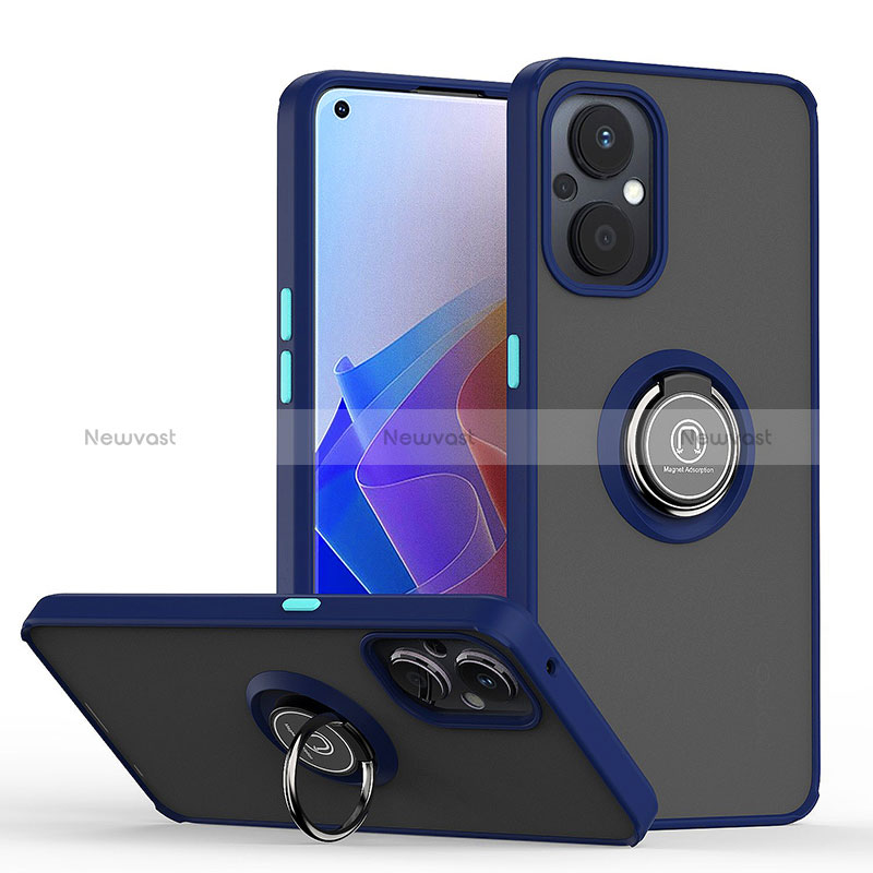 Silicone Matte Finish and Plastic Back Cover Case with Magnetic Finger Ring Stand QW2 for Oppo Reno7 Z 5G Blue