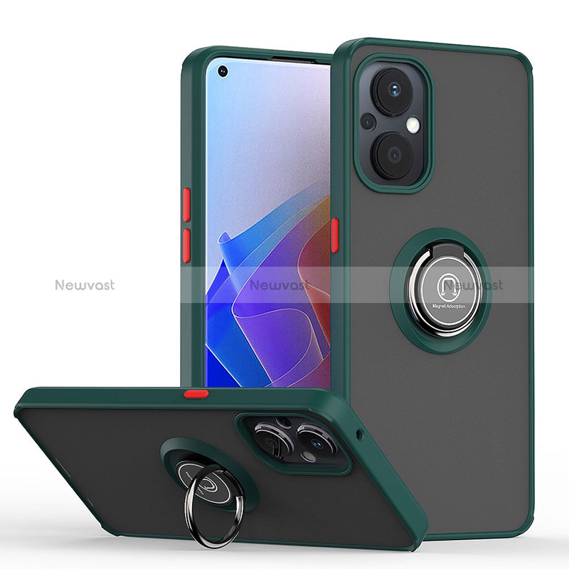Silicone Matte Finish and Plastic Back Cover Case with Magnetic Finger Ring Stand QW2 for Oppo Reno7 Z 5G Midnight Green