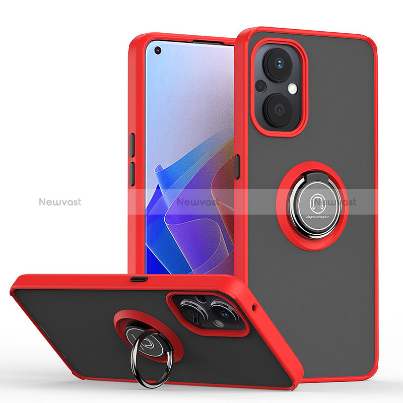 Silicone Matte Finish and Plastic Back Cover Case with Magnetic Finger Ring Stand QW2 for Oppo Reno7 Z 5G Red