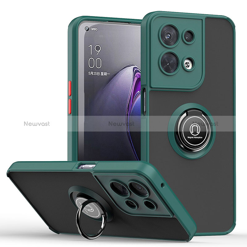 Silicone Matte Finish and Plastic Back Cover Case with Magnetic Finger Ring Stand QW2 for Oppo Reno8 5G Midnight Green
