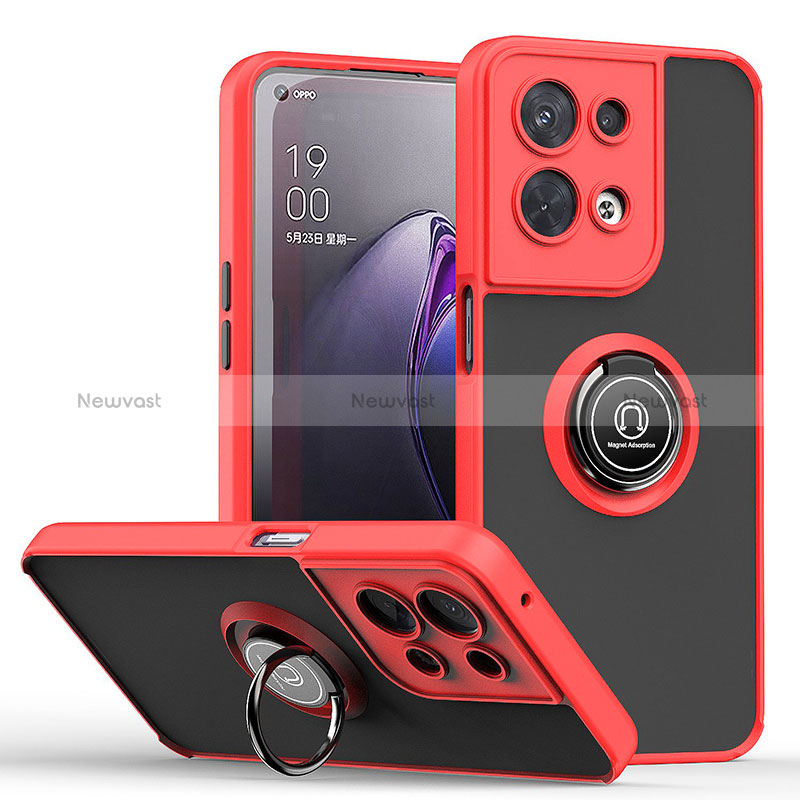 Silicone Matte Finish and Plastic Back Cover Case with Magnetic Finger Ring Stand QW2 for Oppo Reno8 5G Red