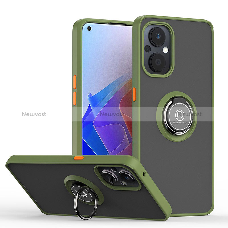 Silicone Matte Finish and Plastic Back Cover Case with Magnetic Finger Ring Stand QW2 for Oppo Reno8 Lite 5G Army green