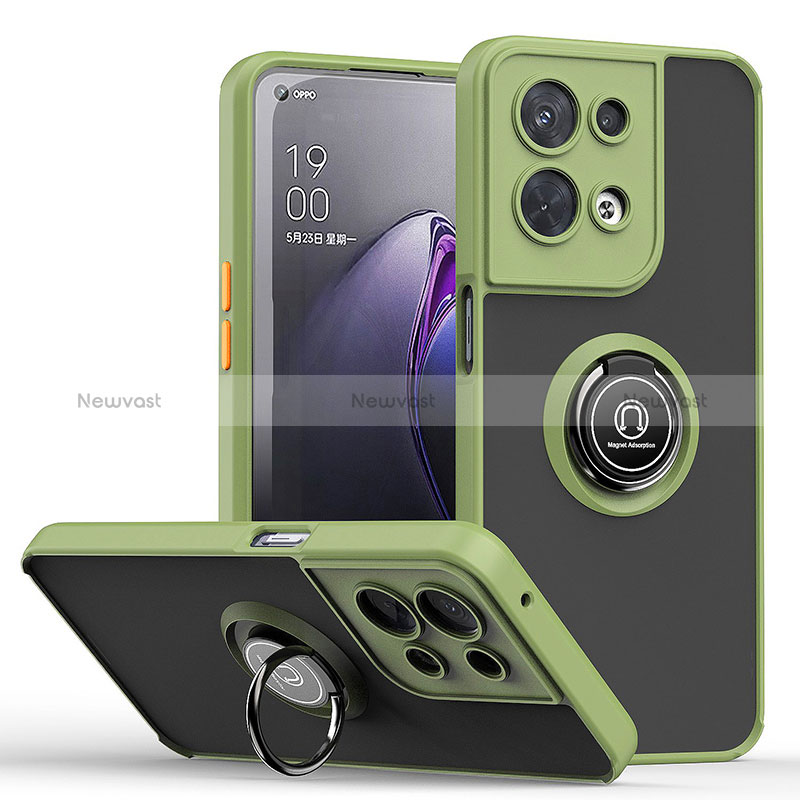 Silicone Matte Finish and Plastic Back Cover Case with Magnetic Finger Ring Stand QW2 for Oppo Reno8 Pro 5G Army green
