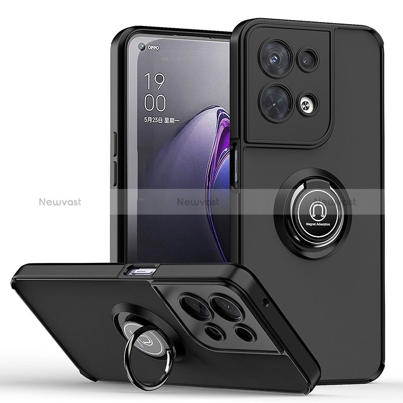 Silicone Matte Finish and Plastic Back Cover Case with Magnetic Finger Ring Stand QW2 for Oppo Reno8 Pro 5G Black