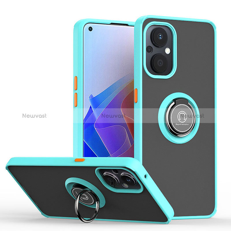 Silicone Matte Finish and Plastic Back Cover Case with Magnetic Finger Ring Stand QW2 for Oppo Reno8 Z 5G Cyan