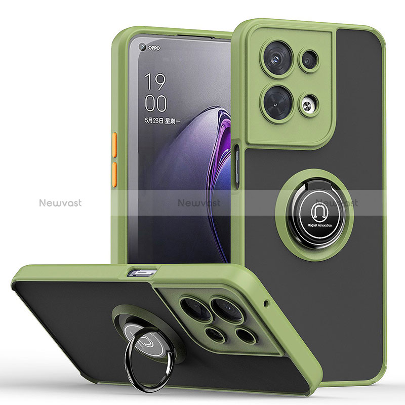 Silicone Matte Finish and Plastic Back Cover Case with Magnetic Finger Ring Stand QW2 for Oppo Reno9 Pro+ Plus 5G Army green