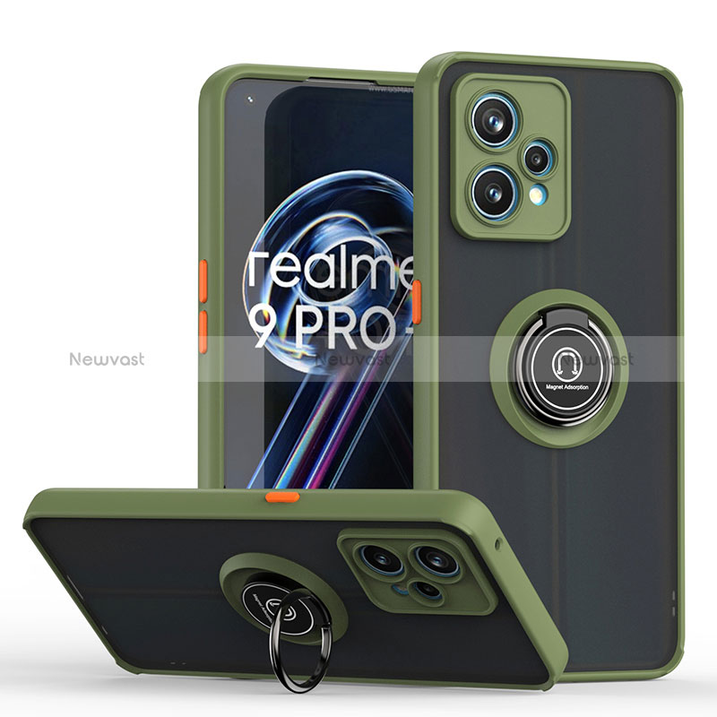 Silicone Matte Finish and Plastic Back Cover Case with Magnetic Finger Ring Stand QW2 for Realme 9 5G Army green
