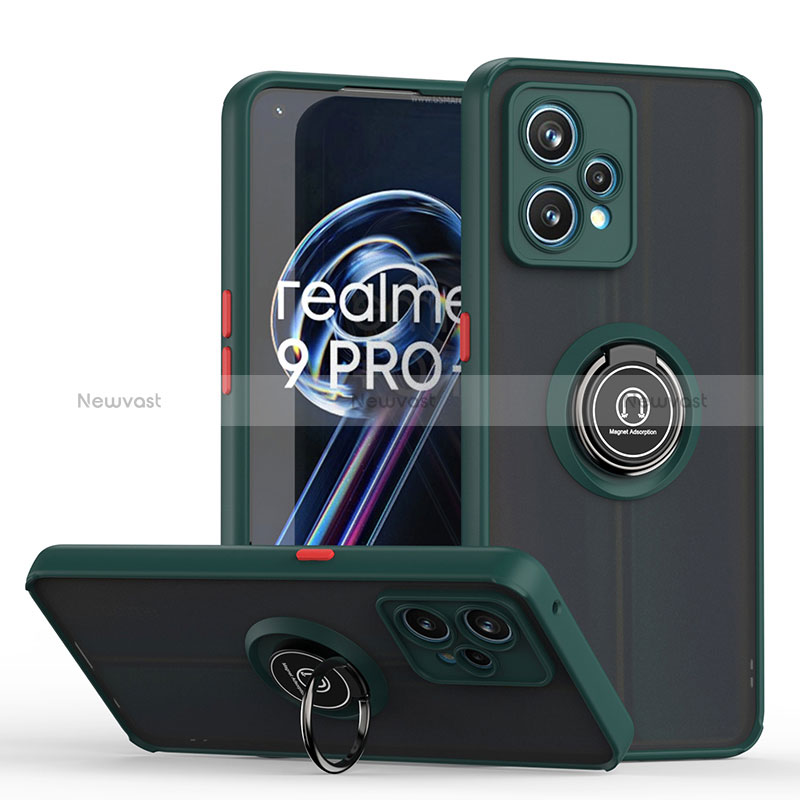 Silicone Matte Finish and Plastic Back Cover Case with Magnetic Finger Ring Stand QW2 for Realme 9 5G Midnight Green