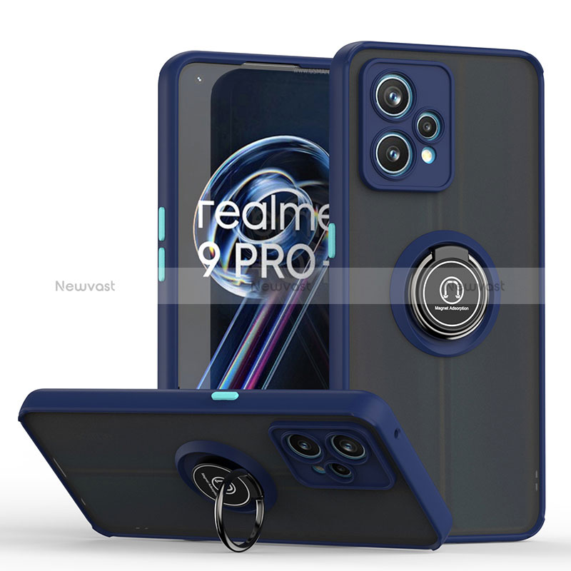 Silicone Matte Finish and Plastic Back Cover Case with Magnetic Finger Ring Stand QW2 for Realme 9 Pro 5G Blue